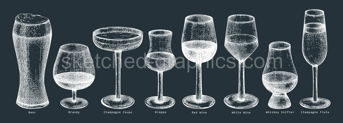 Hand-sketched alcoholic drinks illustrations set. Vector sketch of bar beverages in elegant glasses on chalkboard. Vintage drawing of popular alcohol drinks for pub, bar or restaurant menu design Illustration